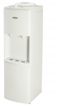 Напольный кулер VATTEN V41WE Стандартный напольный кулер для воды с электронным охлаждением (плата Пельтье). Без шкафчика. Современный дизайн. Для дома. Для офиса. Цвет корпуса белый, все панели изготовлены из качественного, устойчивого к ультрафиолету пластика. Два крана, управление кнопками - горячая и холодная вода. Кран горячей воды имеет "защиту от детей". Пригоден для эксплуатации в очень жарком климате - температура эксплуатации кулера от 10 до 38 градусов Цельсия.